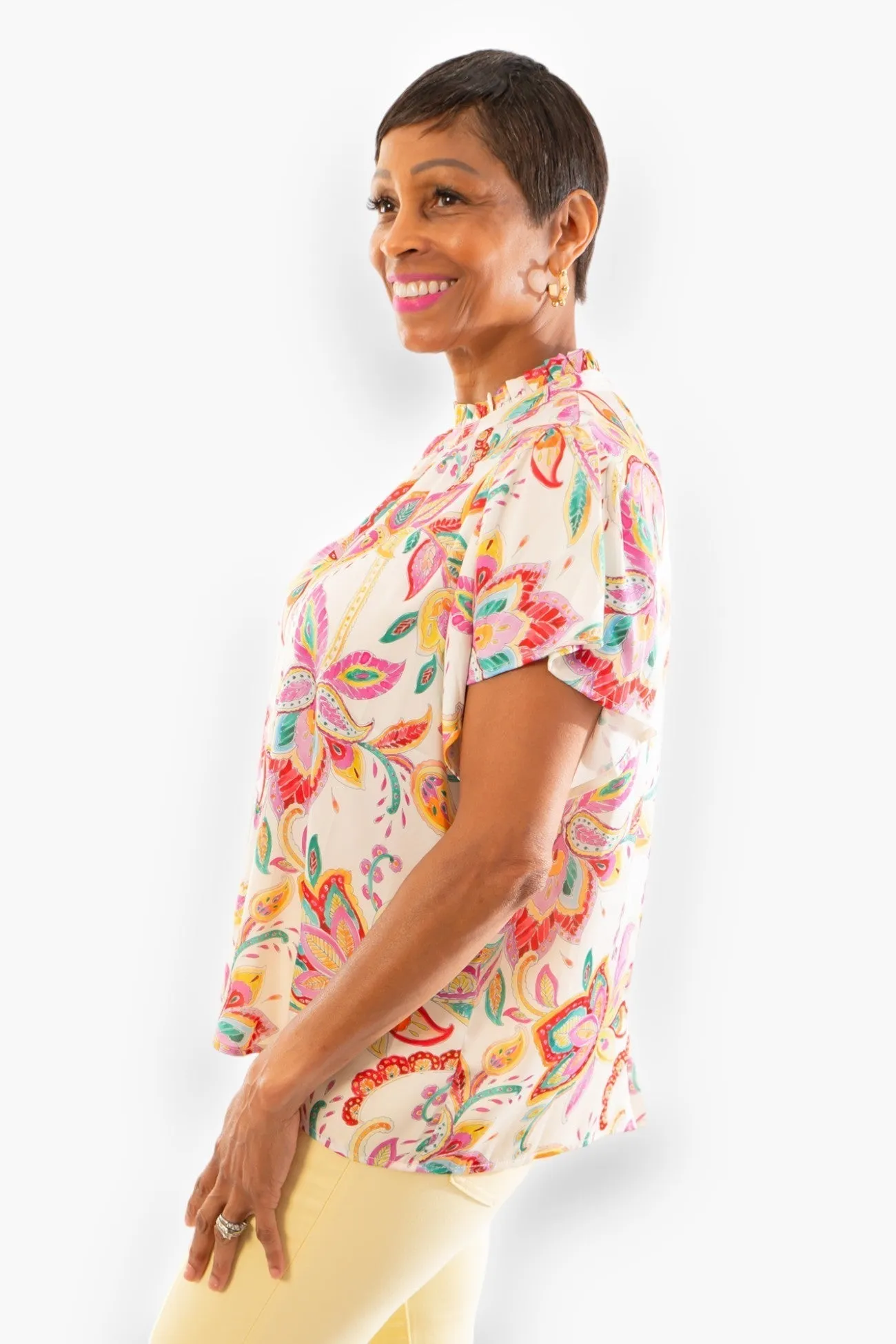 THML Pink Paisley Flutter Sleeve Satin Top