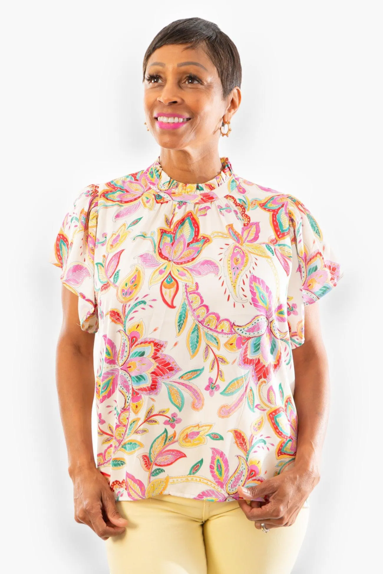 THML Pink Paisley Flutter Sleeve Satin Top