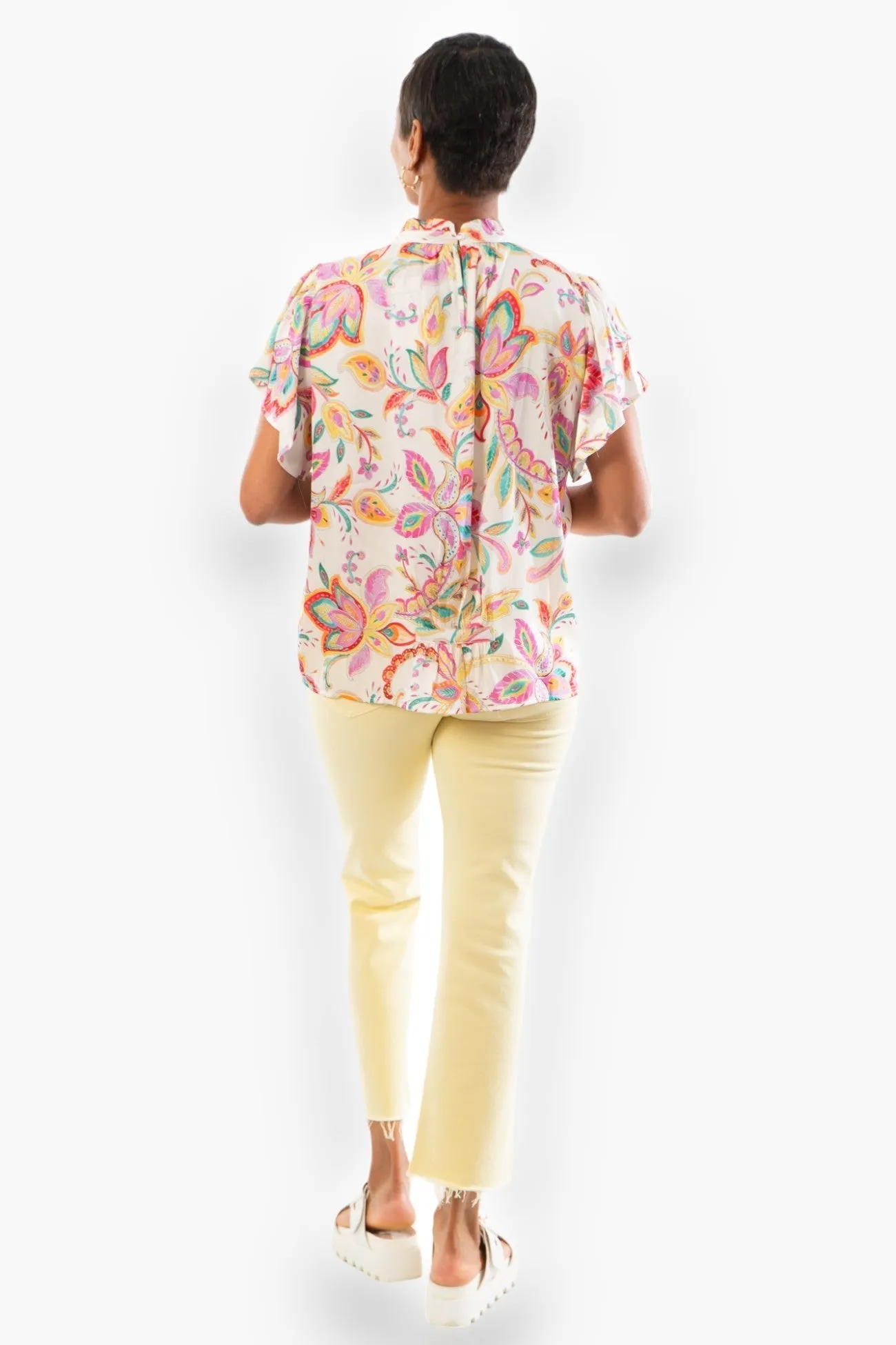 THML Pink Paisley Flutter Sleeve Satin Top
