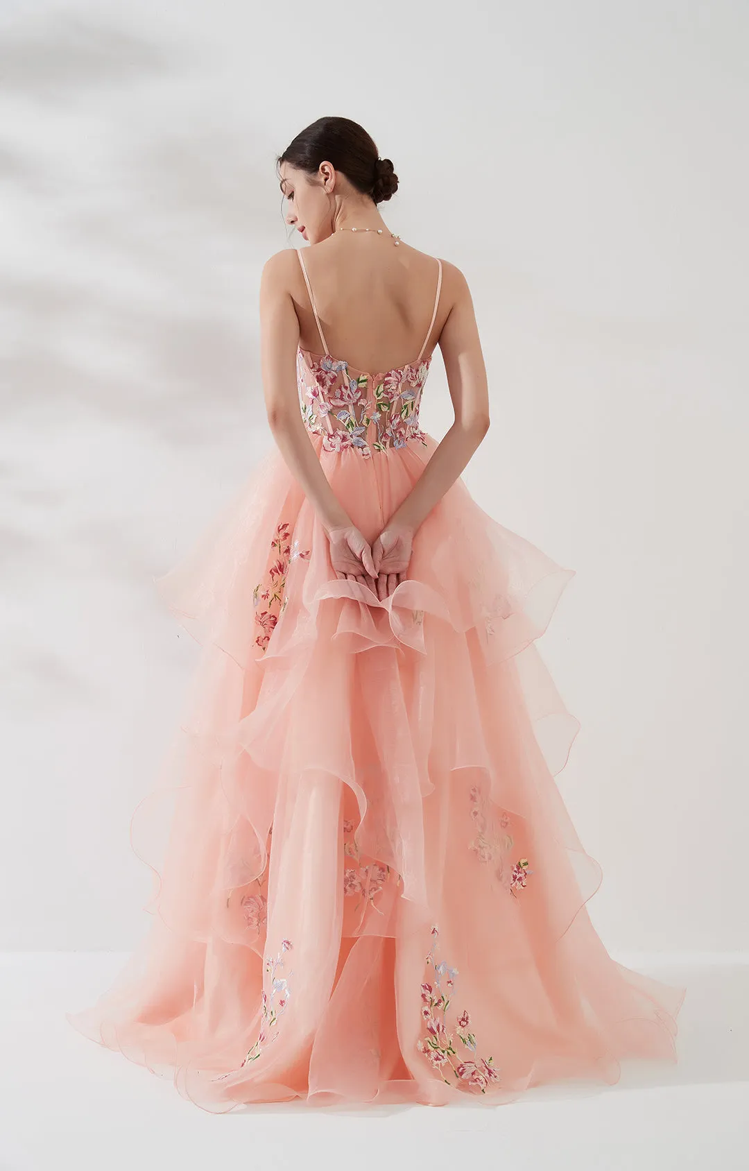 V-Neck Spaghetti Strap Embroidered Sequins Puffy Dresses