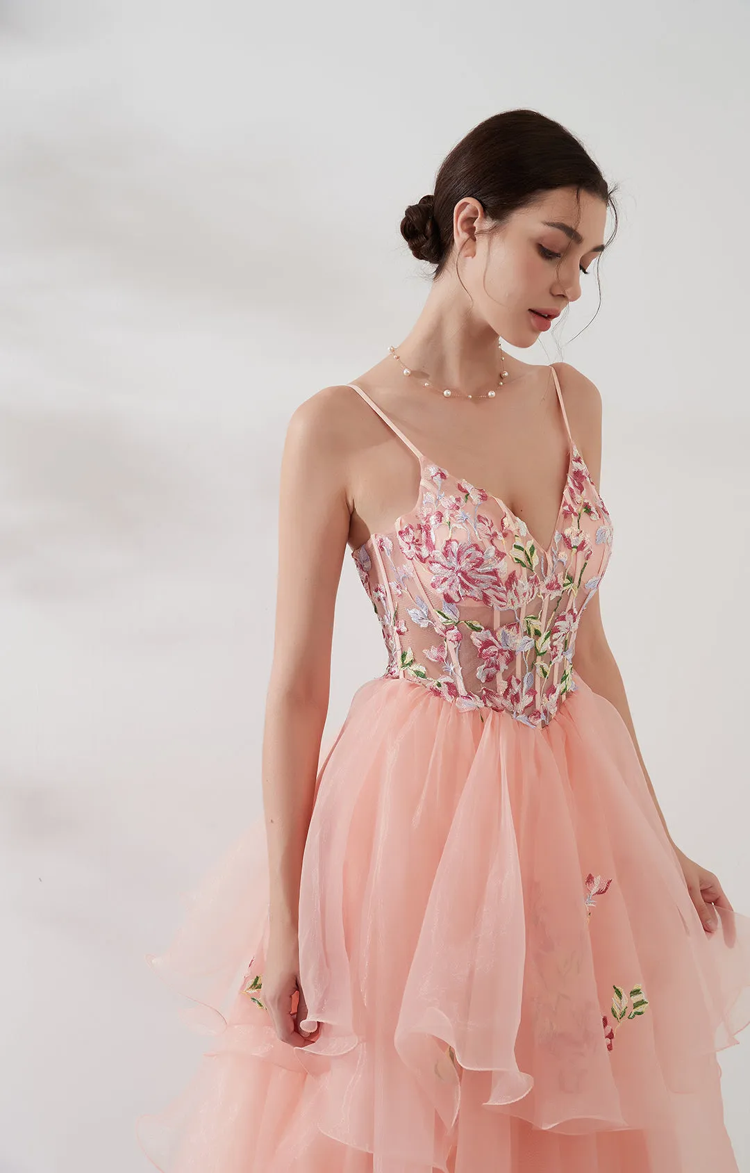 V-Neck Spaghetti Strap Embroidered Sequins Puffy Dresses