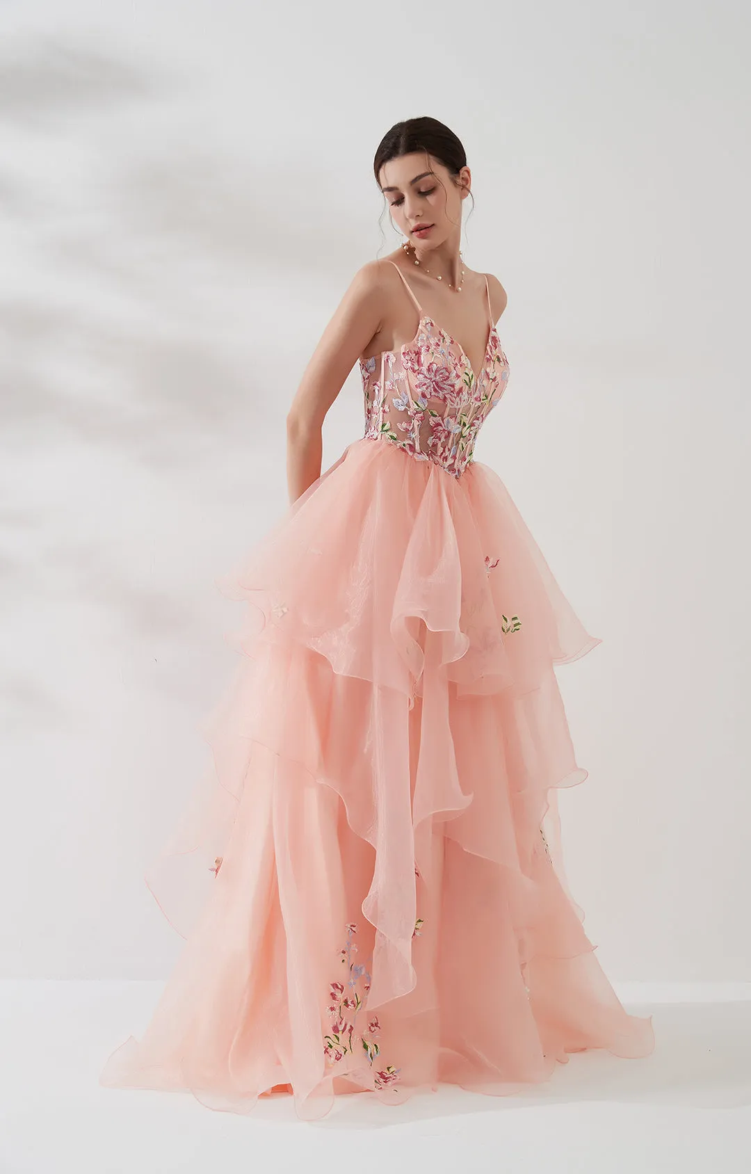 V-Neck Spaghetti Strap Embroidered Sequins Puffy Dresses