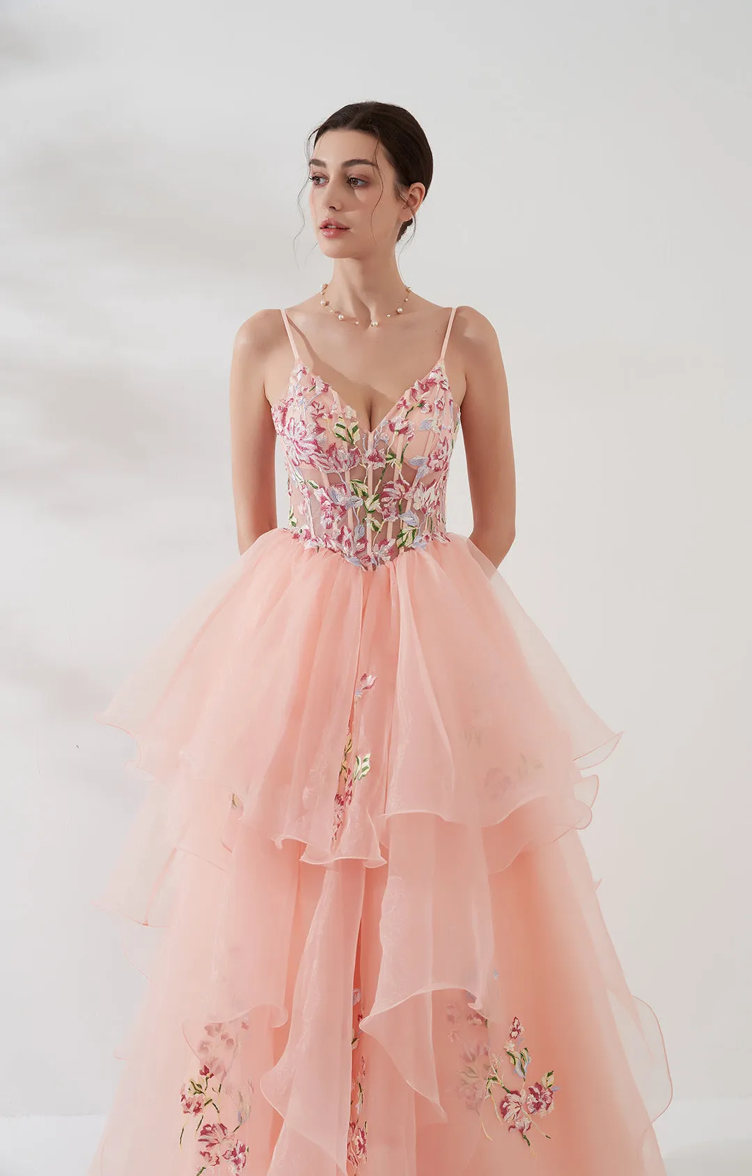 V-Neck Spaghetti Strap Embroidered Sequins Puffy Dresses