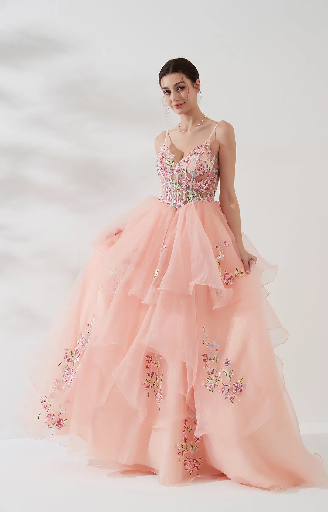 V-Neck Spaghetti Strap Embroidered Sequins Puffy Dresses