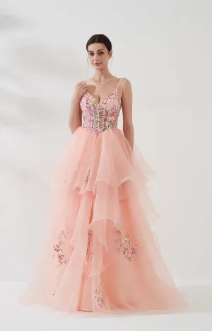 V-Neck Spaghetti Strap Embroidered Sequins Puffy Dresses