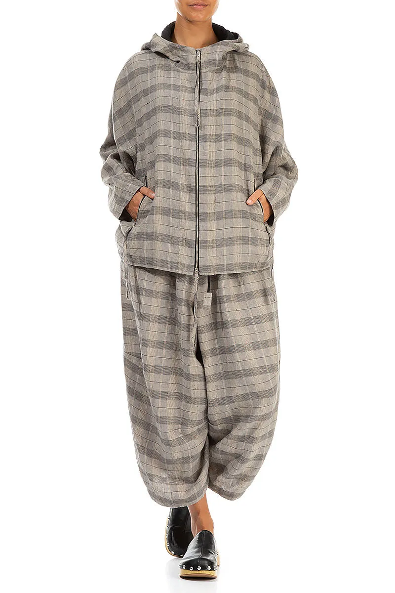 Wide Tie Up Greige Check Linen Trousers