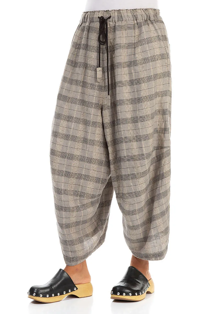 Wide Tie Up Greige Check Linen Trousers