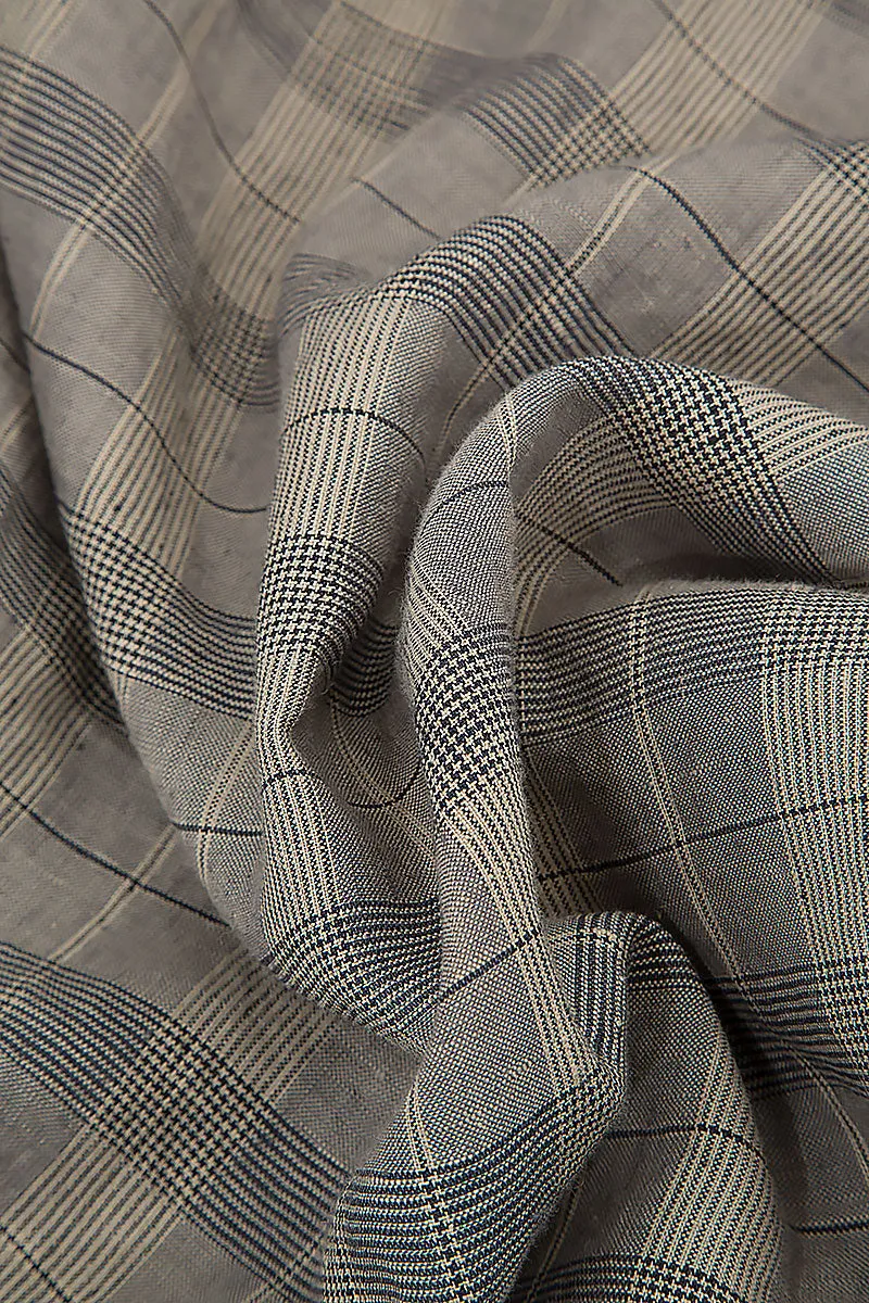 Wide Tie Up Greige Check Linen Trousers