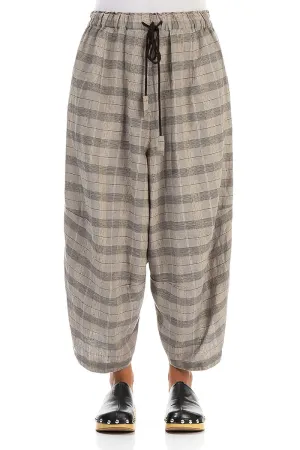 Wide Tie Up Greige Check Linen Trousers