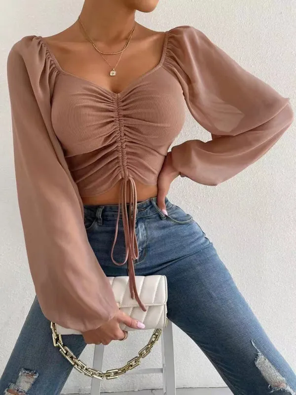 Women's Drawstring Knit Paneled Chiffon Top Feminine Top European and American