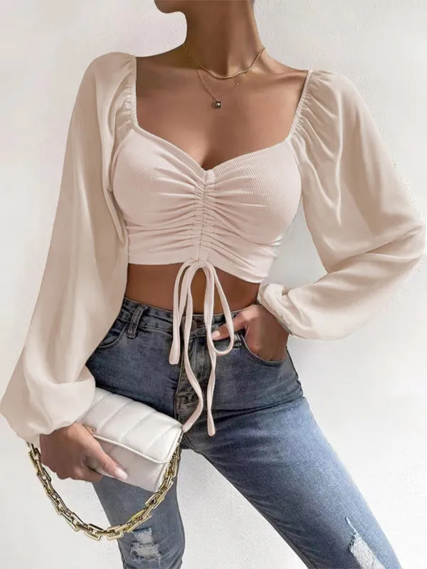 Women's Drawstring Knit Paneled Chiffon Top Feminine Top European and American
