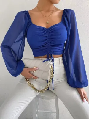 Women's Drawstring Knit Paneled Chiffon Top Feminine Top European and American