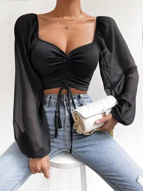 Women's Drawstring Knit Paneled Chiffon Top Feminine Top European and American