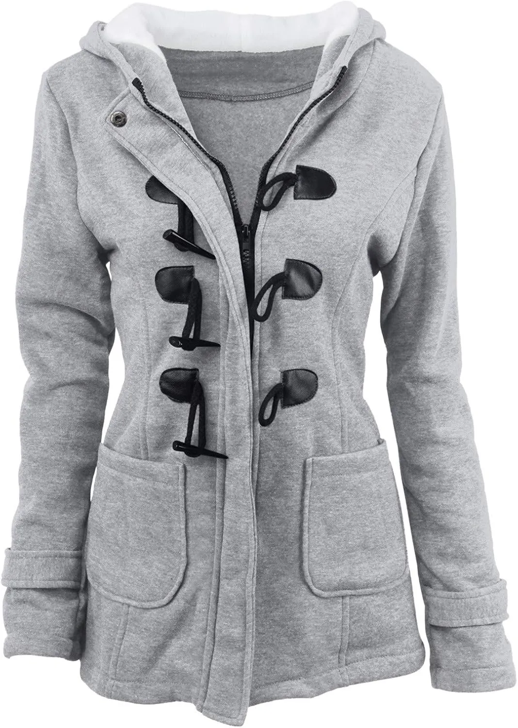 Womens Plus Size Horn Button Fleece Thicken Coat with Hood Winter Warm Jacket 2023 Fashion Casual Outerwear